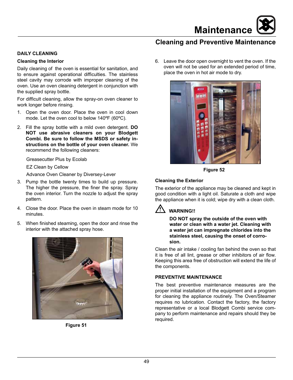 Maintenance, Cleaning and preventive maintenance | Blodgett CNVX-14E User Manual | Page 53 / 60