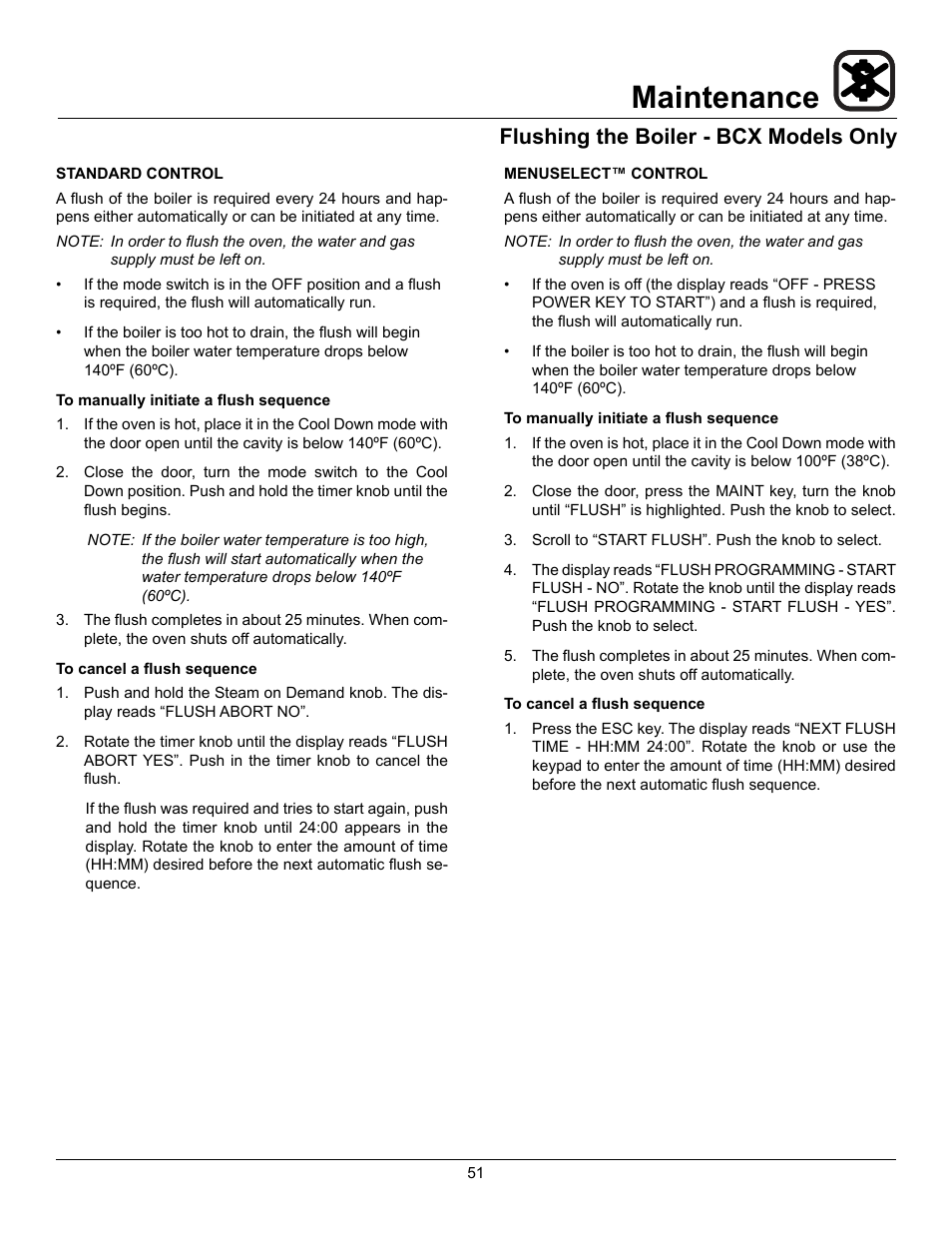 Maintenance, Flushing the boiler - bcx models only | Blodgett CNVX-14E User Manual | Page 55 / 60