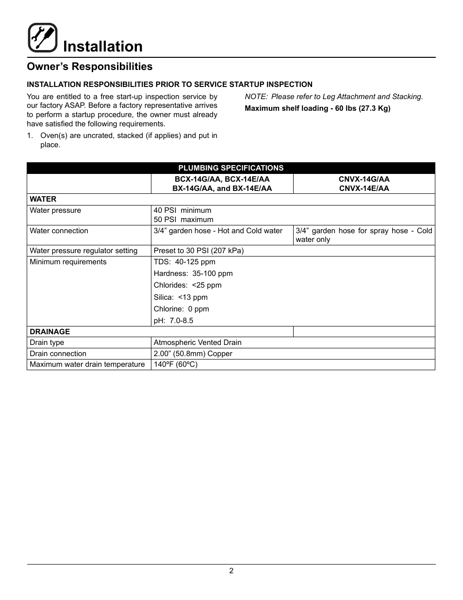 Installation, Owner’s responsibilities | Blodgett CNVX-14E User Manual | Page 6 / 60