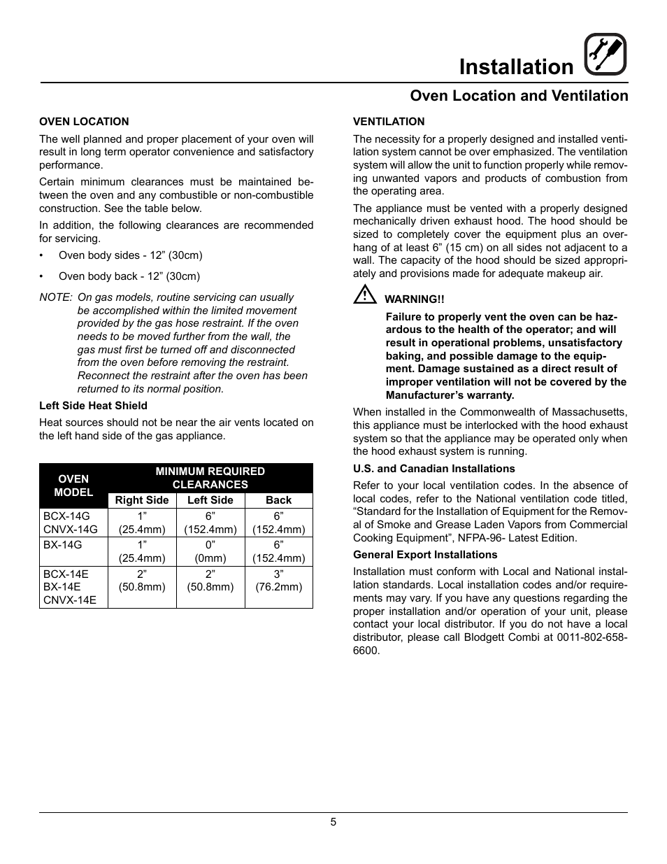 Installation, Oven location and ventilation | Blodgett CNVX-14E User Manual | Page 9 / 60