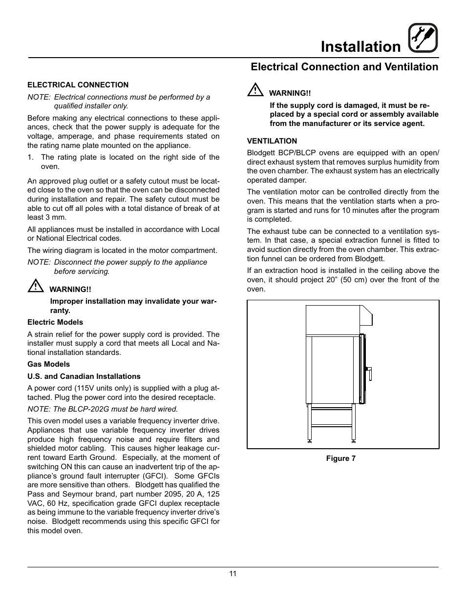 Installation, Electrical connection and ventilation | Blodgett BLCP User Manual | Page 13 / 52