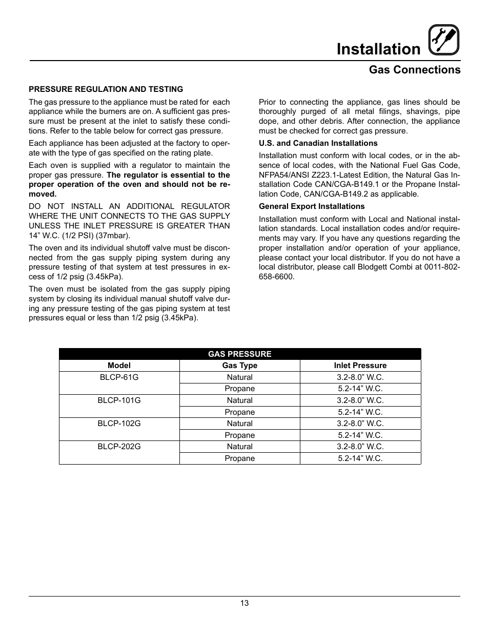 Installation, Gas connections | Blodgett BLCP User Manual | Page 15 / 52