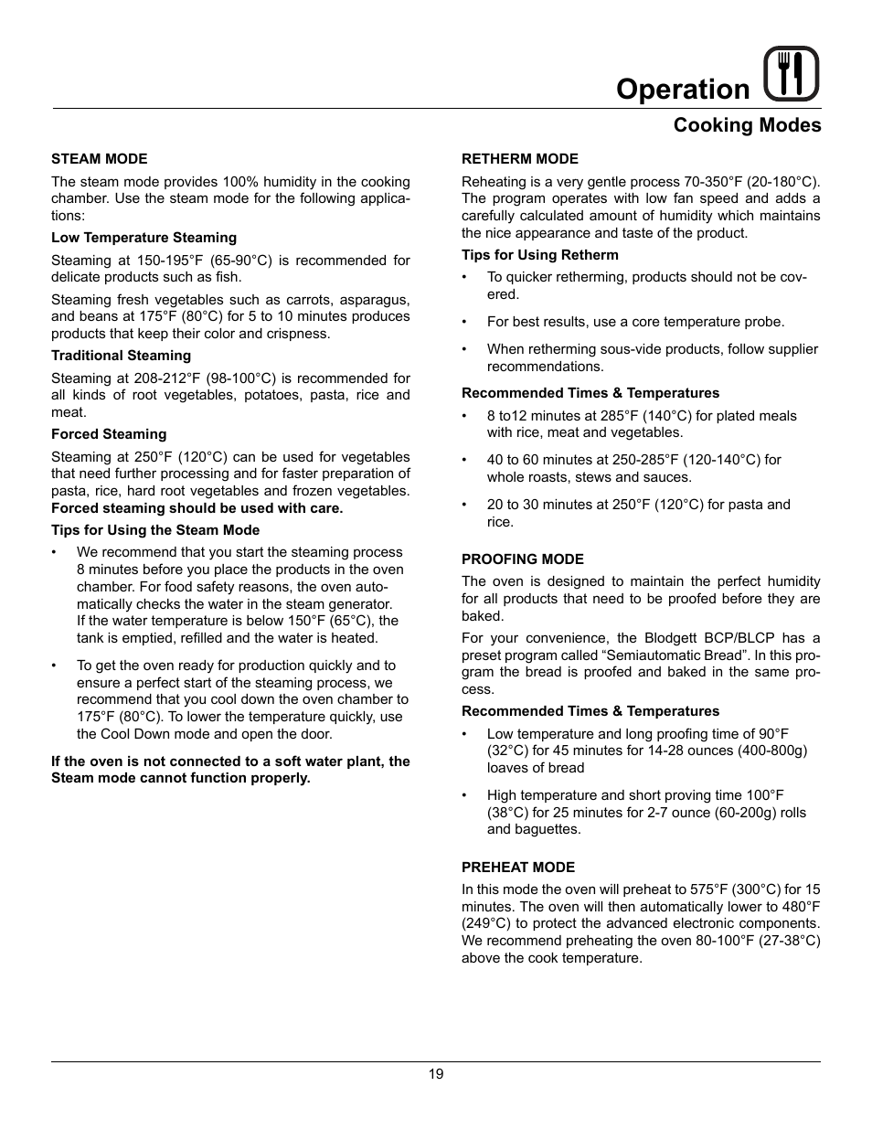 Operation, Cooking modes | Blodgett BLCP User Manual | Page 21 / 52