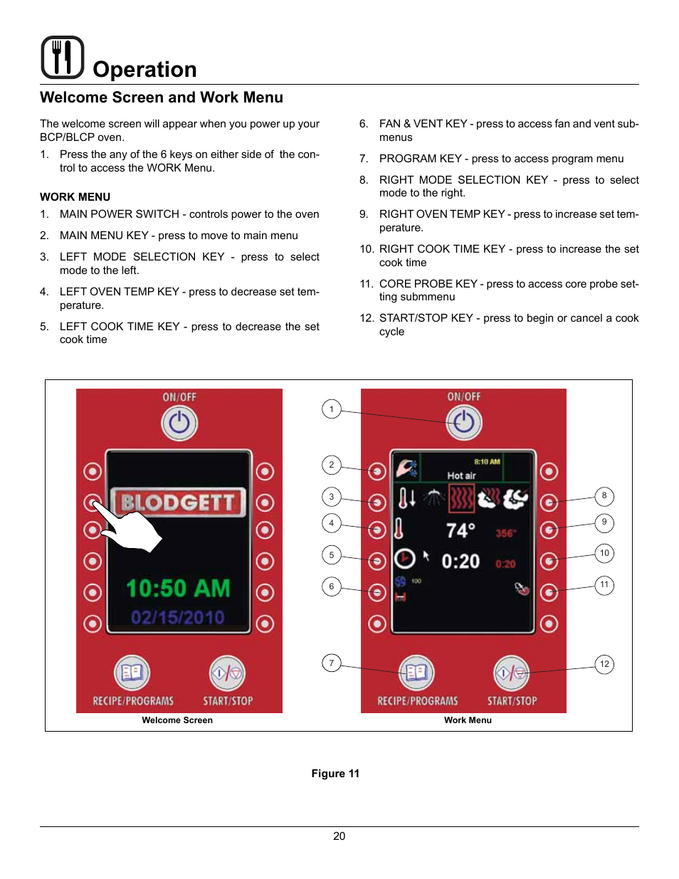Operation, Welcome screen and work menu | Blodgett BLCP User Manual | Page 22 / 52