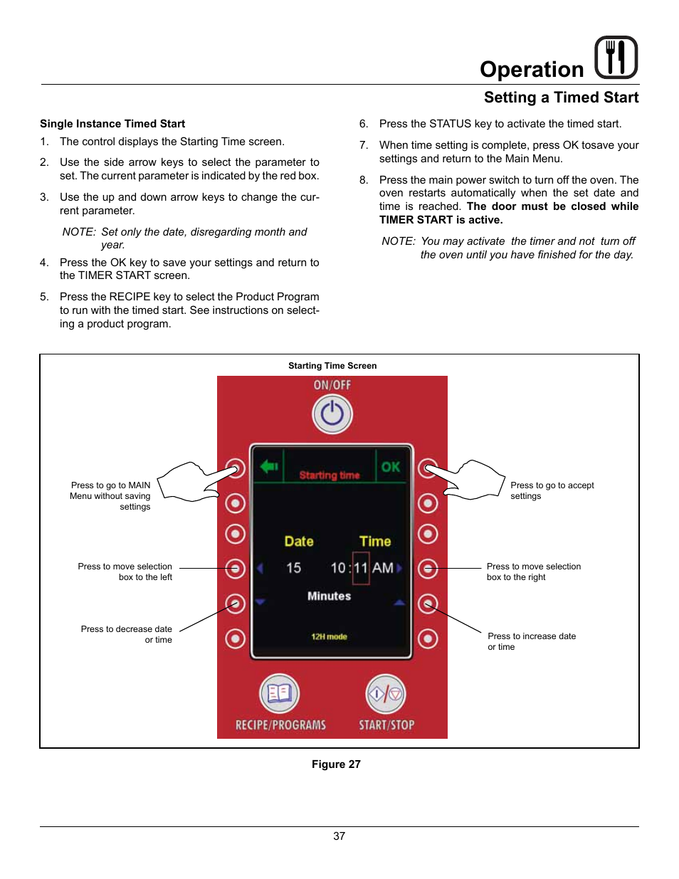 Operation, Setting a timed start | Blodgett BLCP User Manual | Page 39 / 52