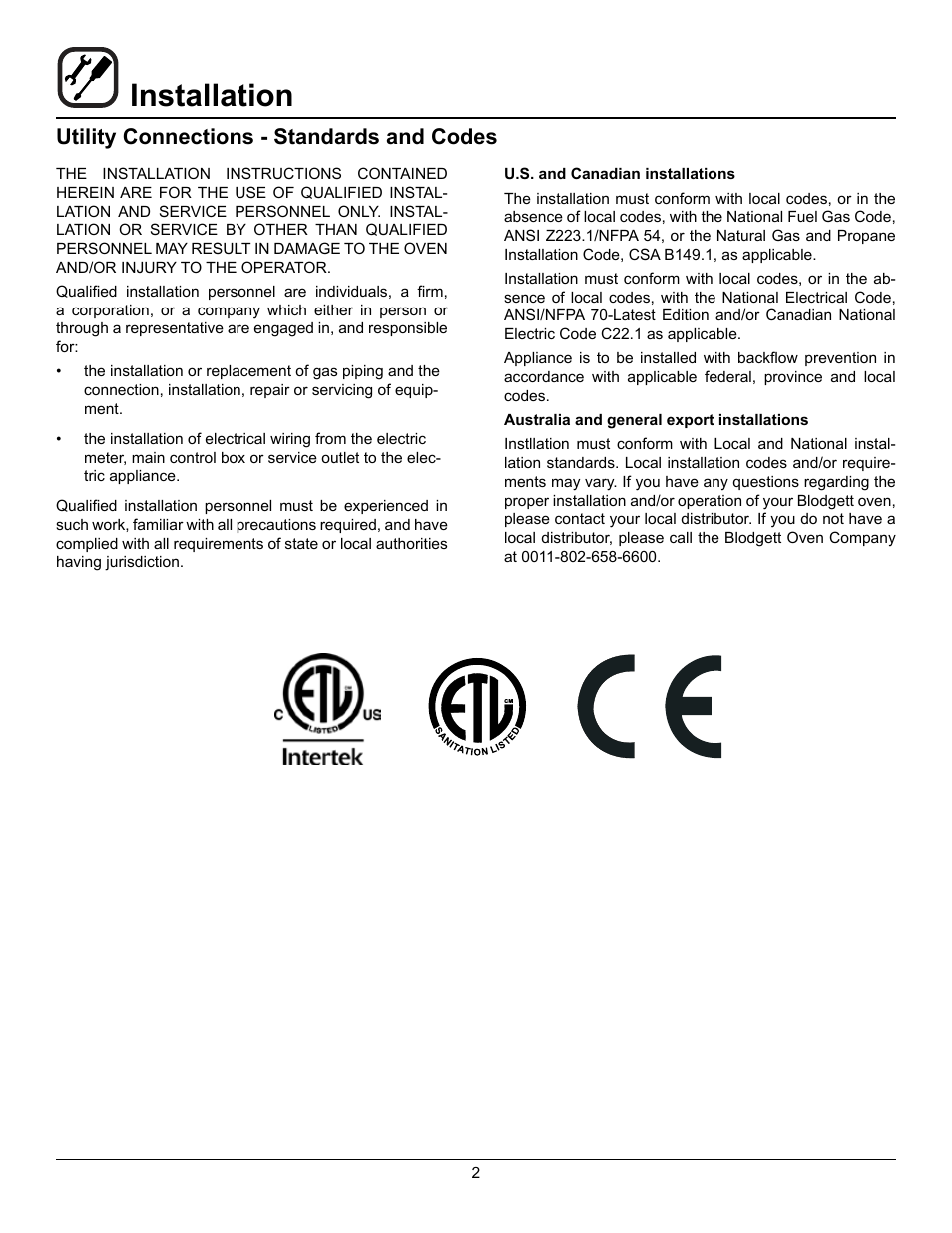 Installation, Utility connections - standards and codes | Blodgett BLCP User Manual | Page 4 / 52