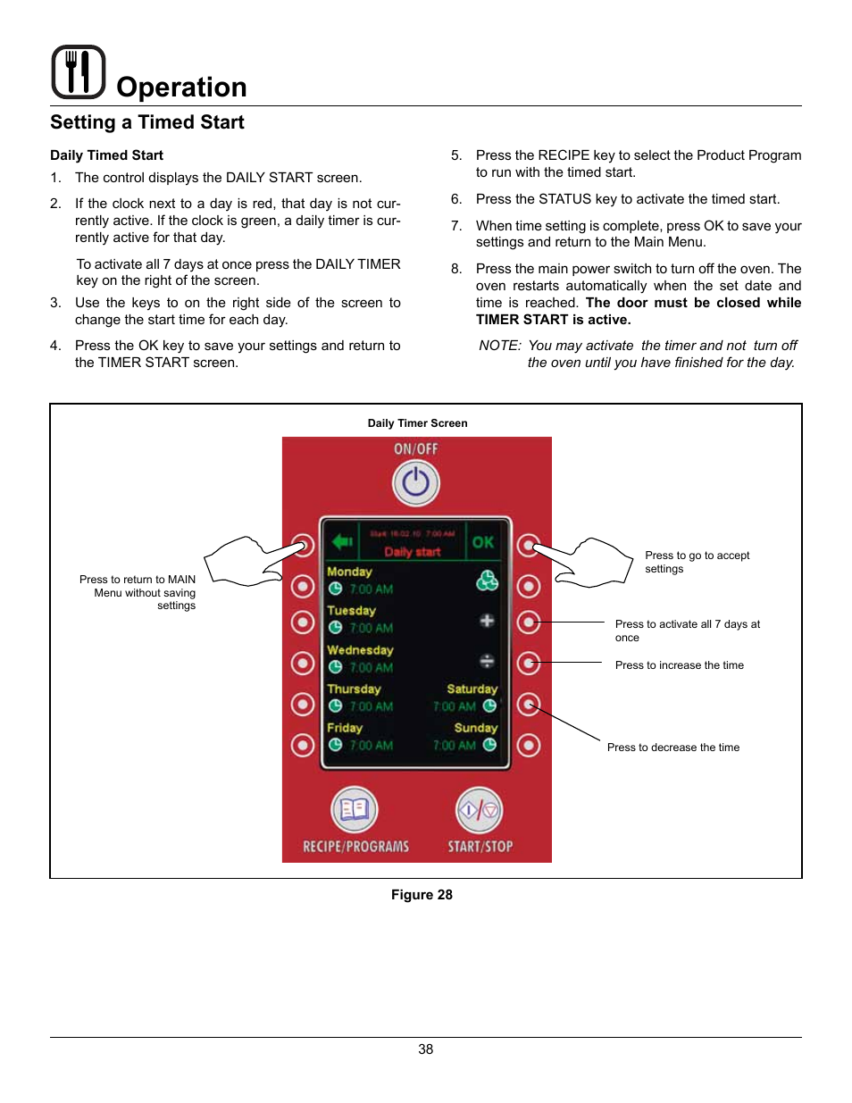 Operation, Setting a timed start | Blodgett BLCP User Manual | Page 40 / 52