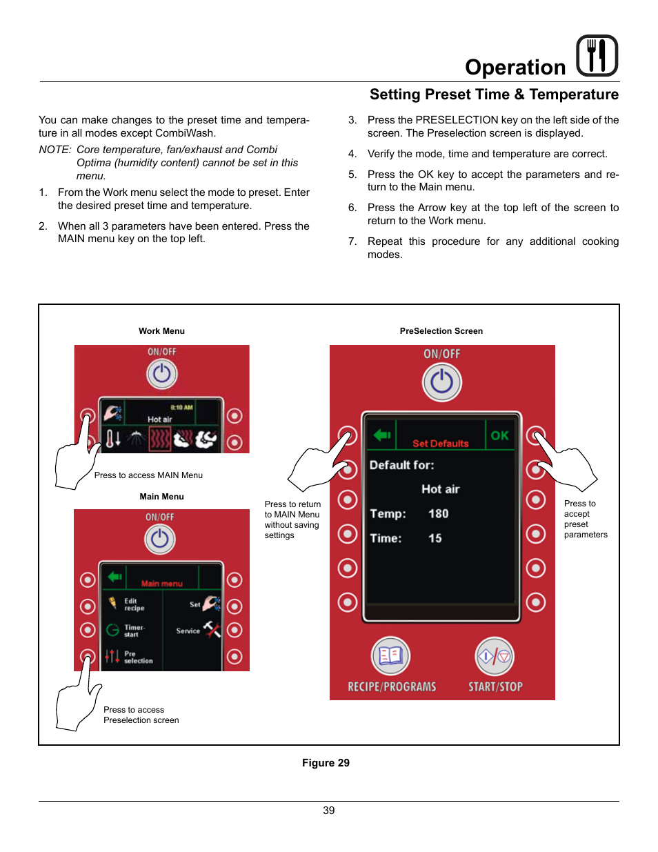 Operation, Setting preset time & temperature | Blodgett BLCP User Manual | Page 41 / 52