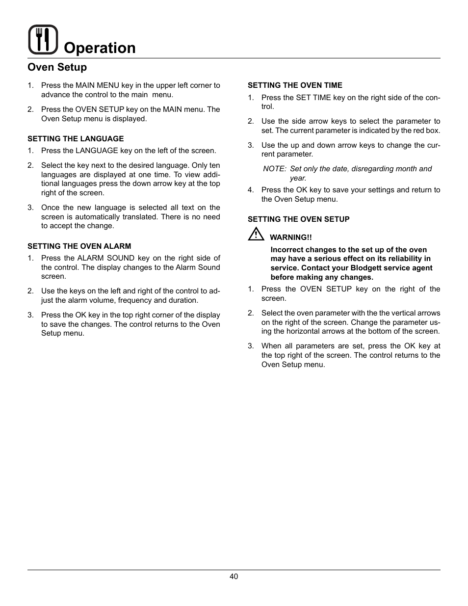 Operation, Oven setup | Blodgett BLCP User Manual | Page 42 / 52