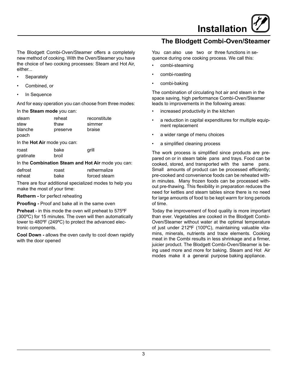 Installation, The blodgett combi-oven/steamer | Blodgett BLCP User Manual | Page 5 / 52