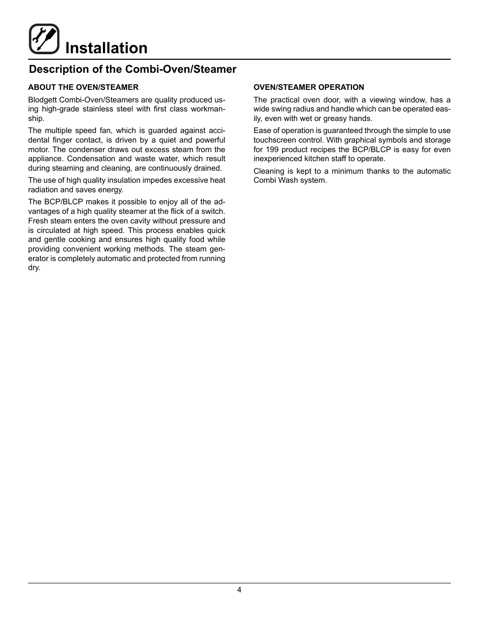 Installation, Description of the combi-oven/steamer | Blodgett BLCP User Manual | Page 6 / 52