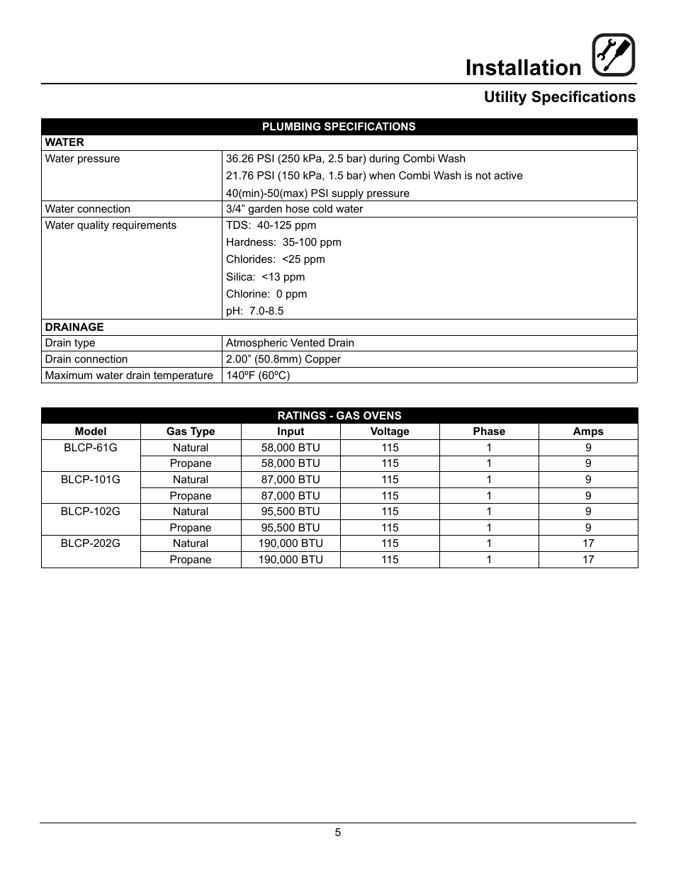 Installation, Utility specifications | Blodgett BLCP User Manual | Page 7 / 52