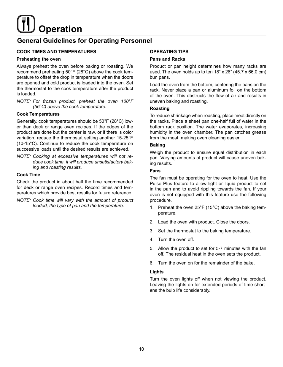 Operation, General guidelines for operating personnel | Blodgett BDO-100-E User Manual | Page 12 / 15