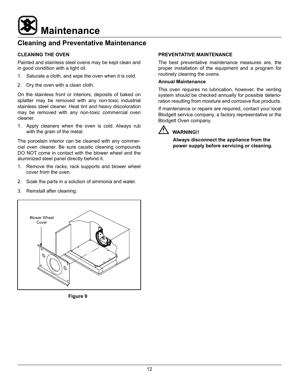 Maintenance, Cleaning and preventative maintenance | Blodgett BDO-100-E User Manual | Page 14 / 15
