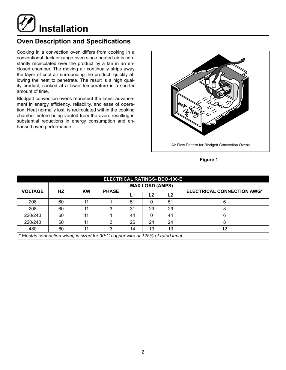 Installation, Oven description and specifications | Blodgett BDO-100-E User Manual | Page 4 / 15