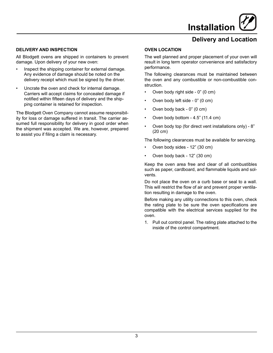 Installation, Delivery and location | Blodgett BDO-100-E User Manual | Page 5 / 15