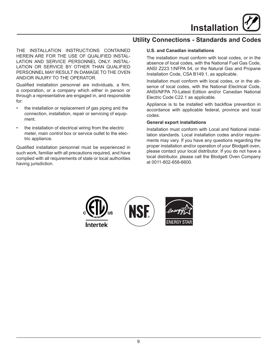 Installation, Utility connections - standards and codes | Blodgett DFG-200-ES User Manual | Page 11 / 26