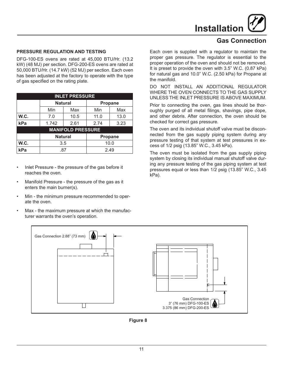 Installation, Gas connection | Blodgett DFG-200-ES User Manual | Page 13 / 26