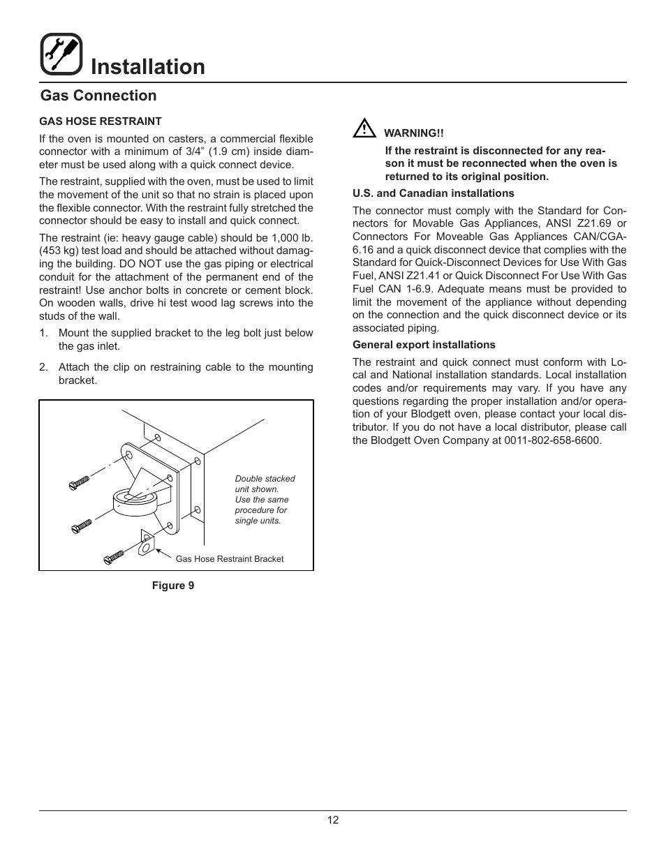 Installation, Gas connection | Blodgett DFG-200-ES User Manual | Page 14 / 26