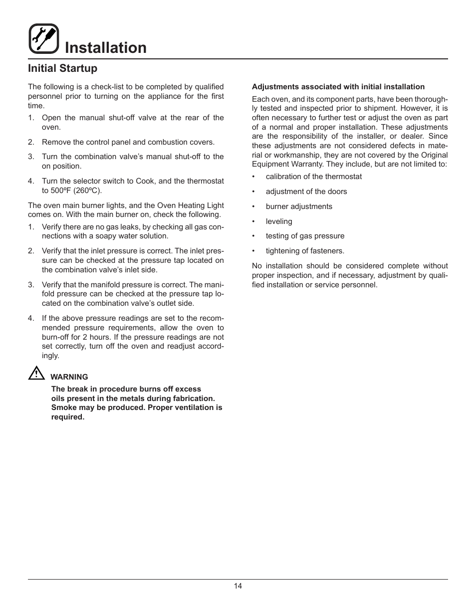 Installation, Initial startup | Blodgett DFG-200-ES User Manual | Page 16 / 26