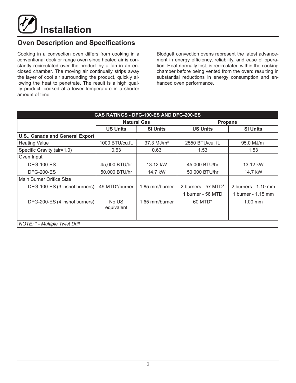 Installation, Oven description and specifications | Blodgett DFG-200-ES User Manual | Page 4 / 26