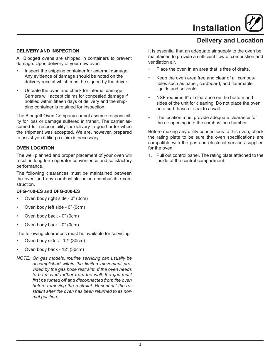 Installation, Delivery and location | Blodgett DFG-200-ES User Manual | Page 5 / 26