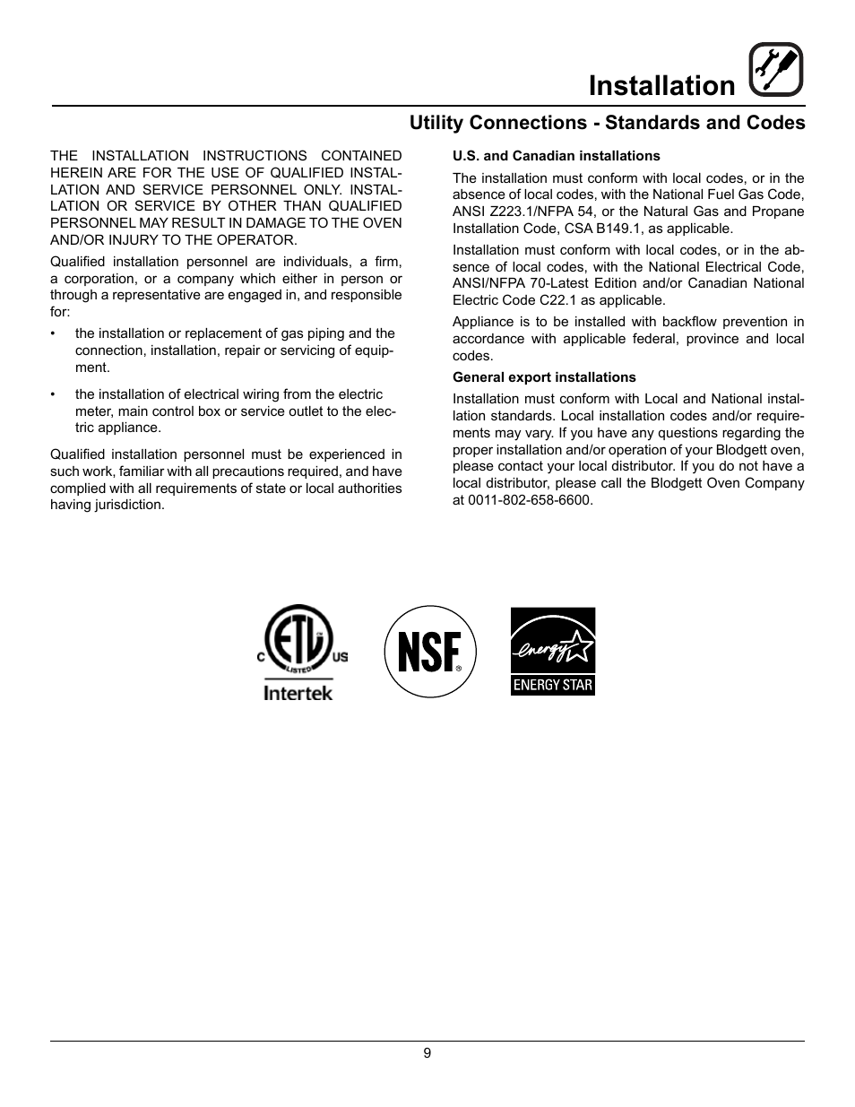 Installation, Utility connections - standards and codes | Blodgett Zephaire-200-G-E User Manual | Page 11 / 25