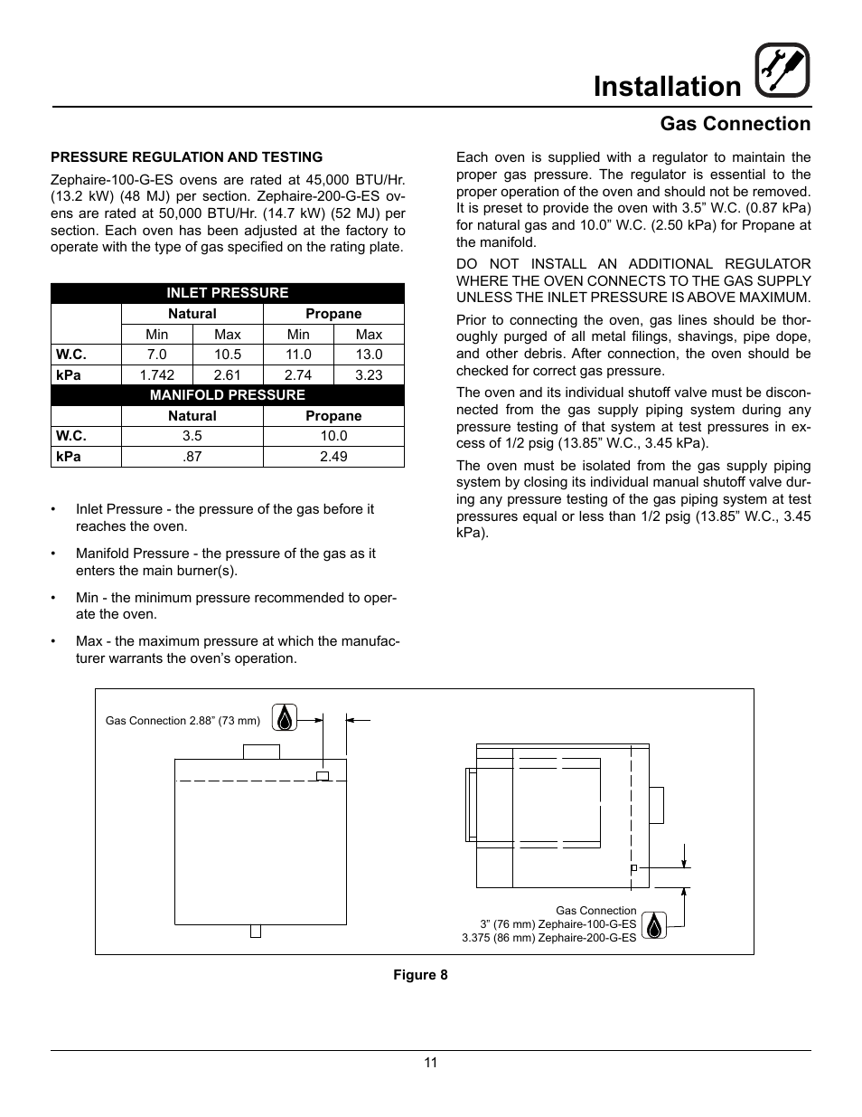 Installation, Gas connection | Blodgett Zephaire-200-G-E User Manual | Page 13 / 25