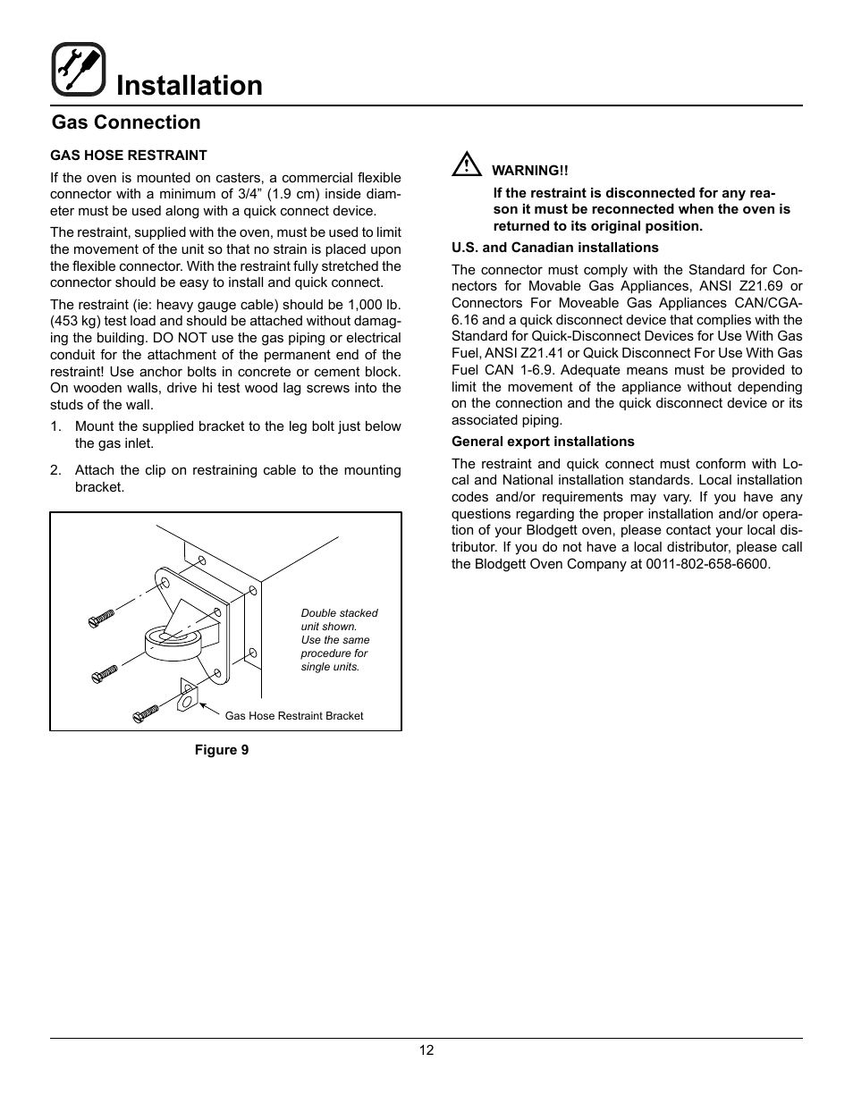 Installation, Gas connection | Blodgett Zephaire-200-G-E User Manual | Page 14 / 25