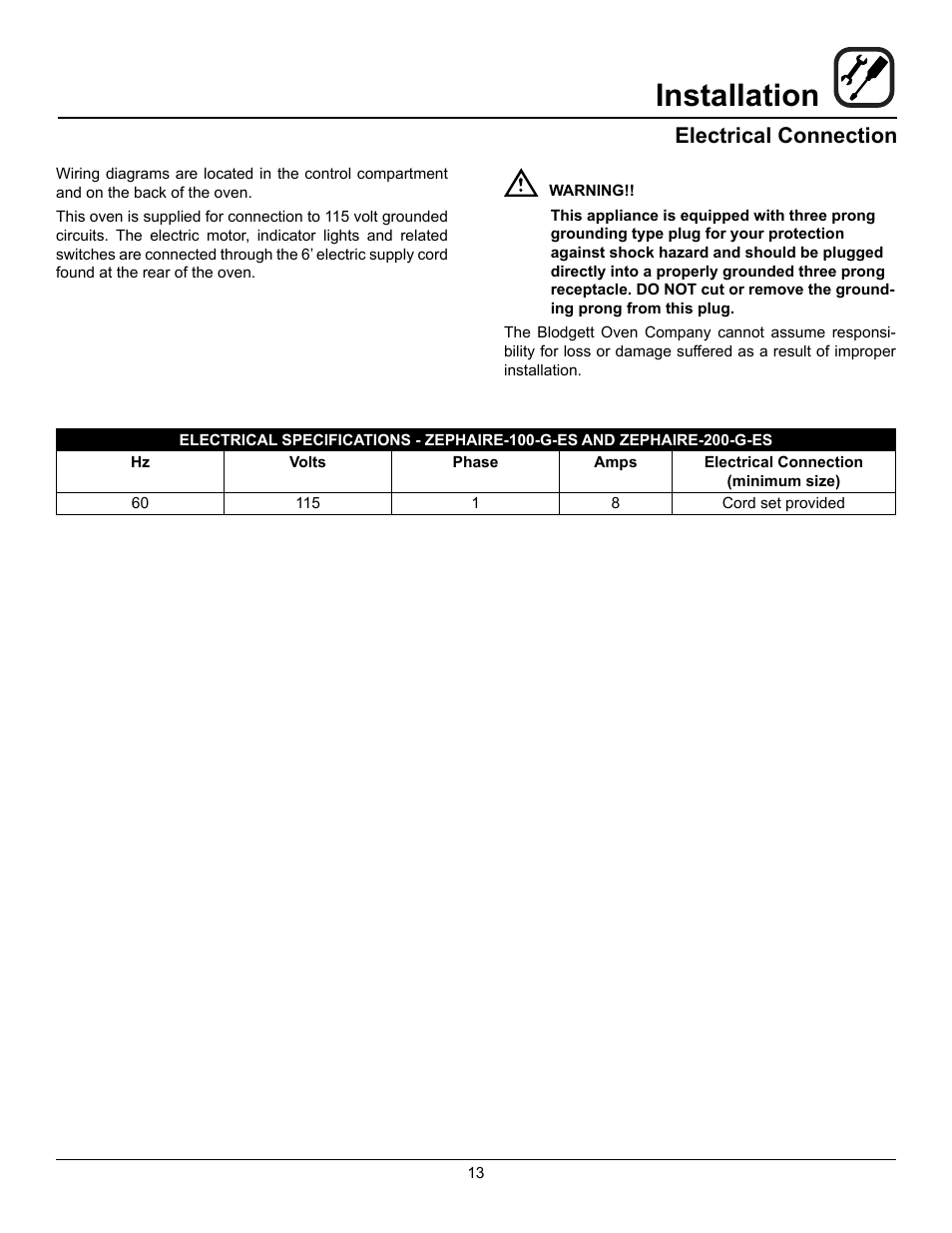 Installation, Electrical connection | Blodgett Zephaire-200-G-E User Manual | Page 15 / 25