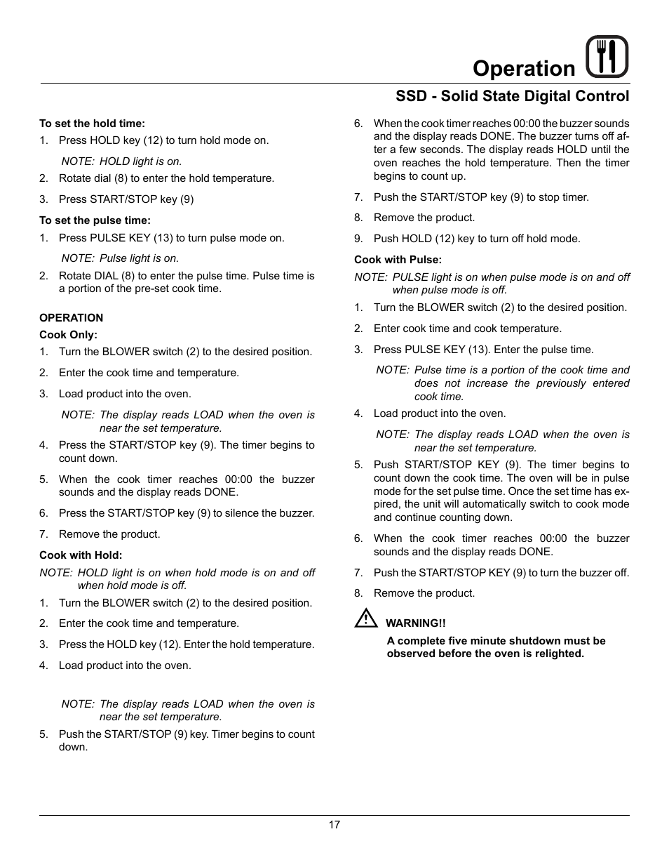 Operation, Ssd - solid state digital control | Blodgett Zephaire-200-G-E User Manual | Page 19 / 25