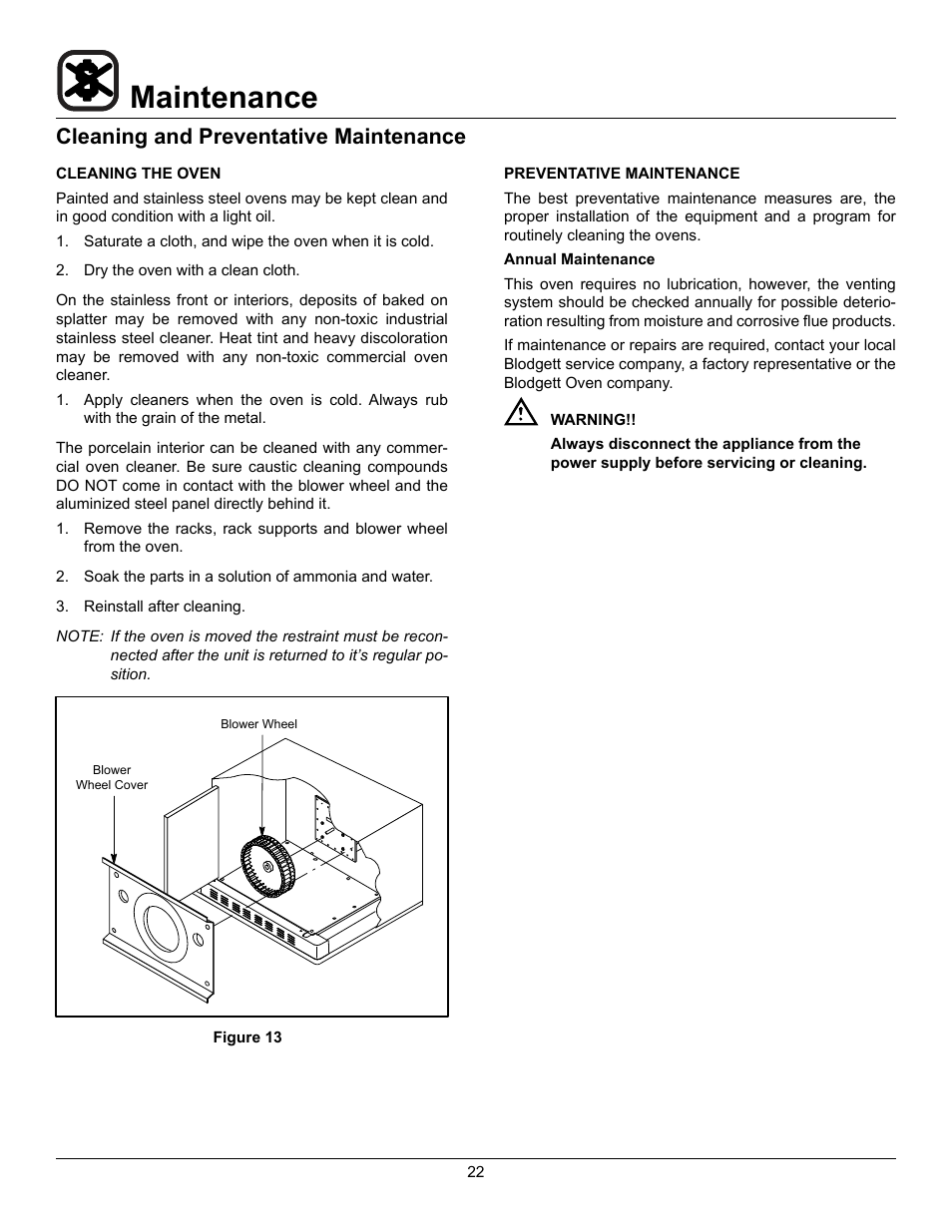 Maintenance, Cleaning and preventative maintenance | Blodgett Zephaire-200-G-E User Manual | Page 24 / 25