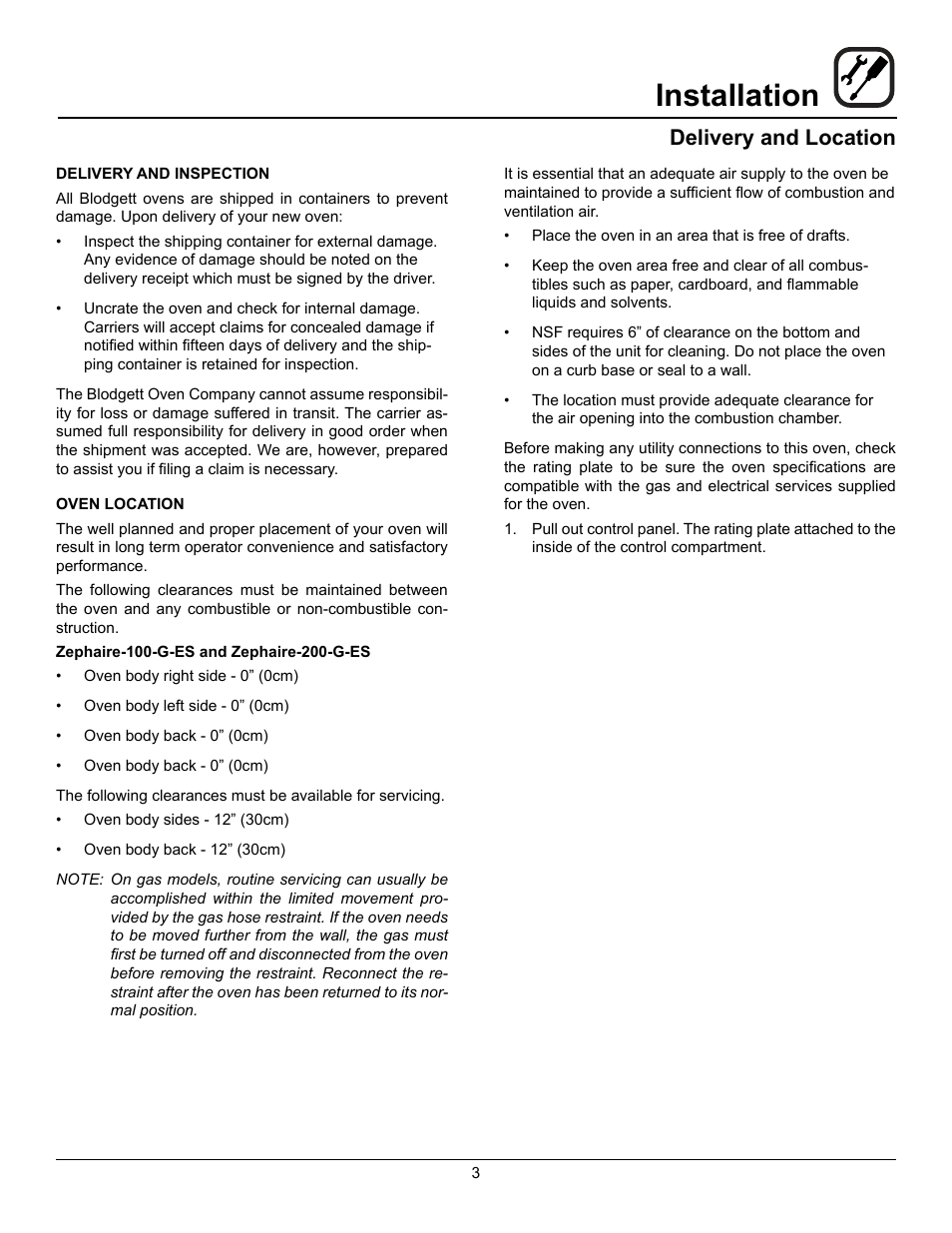 Installation, Delivery and location | Blodgett Zephaire-200-G-E User Manual | Page 5 / 25