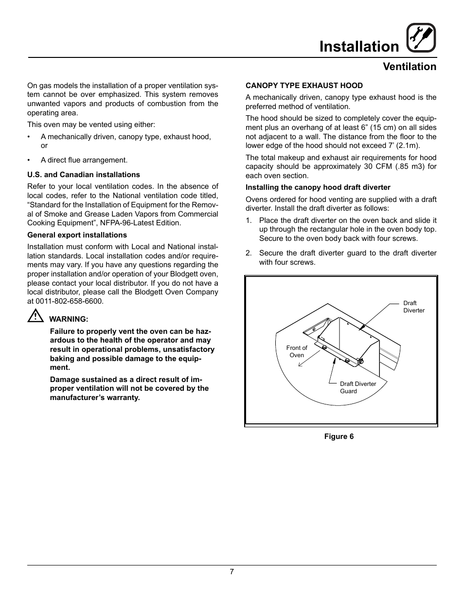 Installation, Ventilation | Blodgett Zephaire-200-G-E User Manual | Page 9 / 25