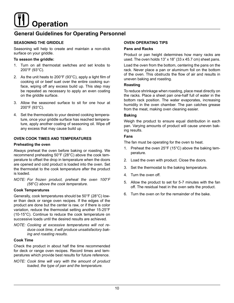 Operation, General guidelines for operating personnel | Blodgett CTBR-GFB User Manual | Page 12 / 16