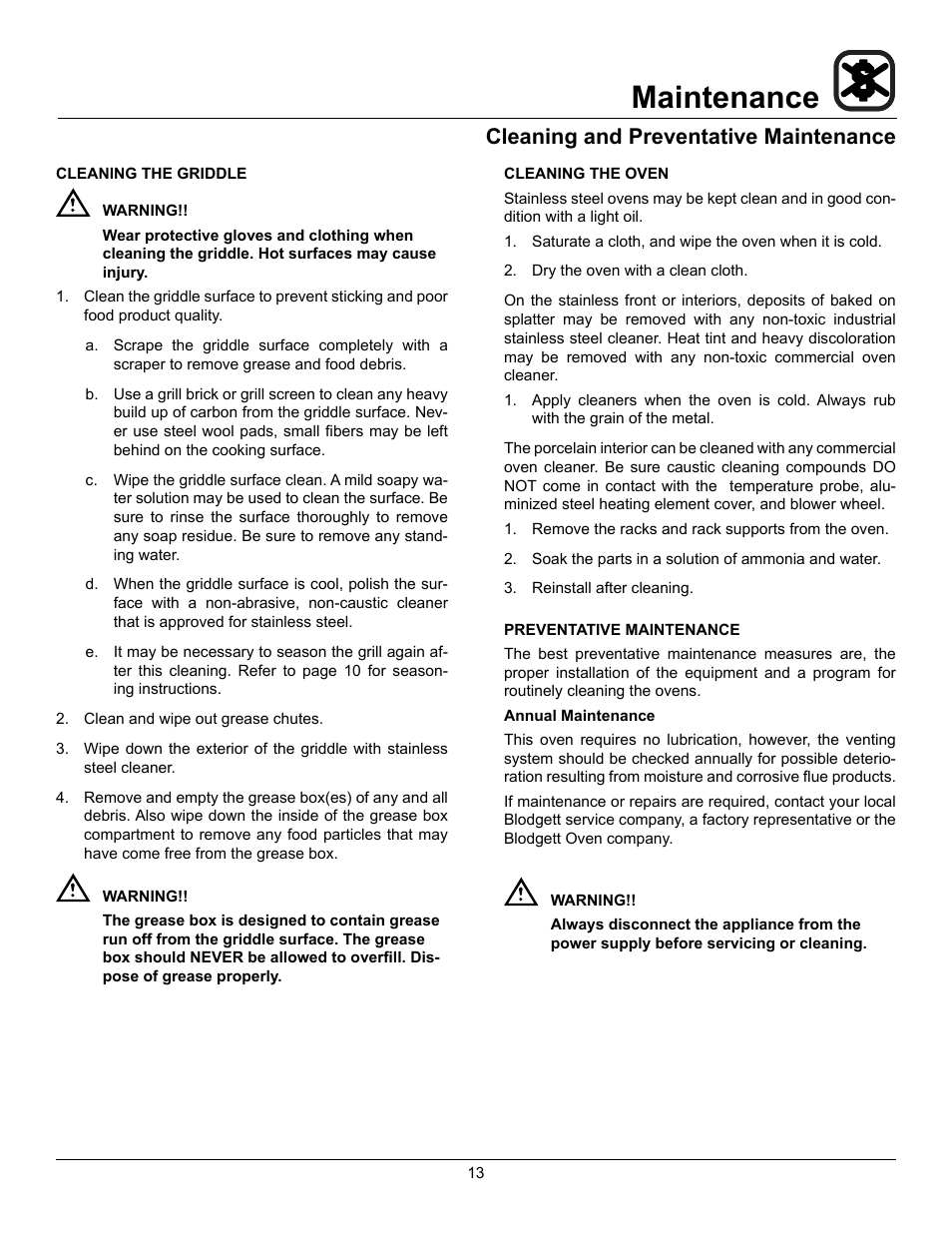 Maintenance, Cleaning and preventative maintenance | Blodgett CTBR-GFB User Manual | Page 15 / 16