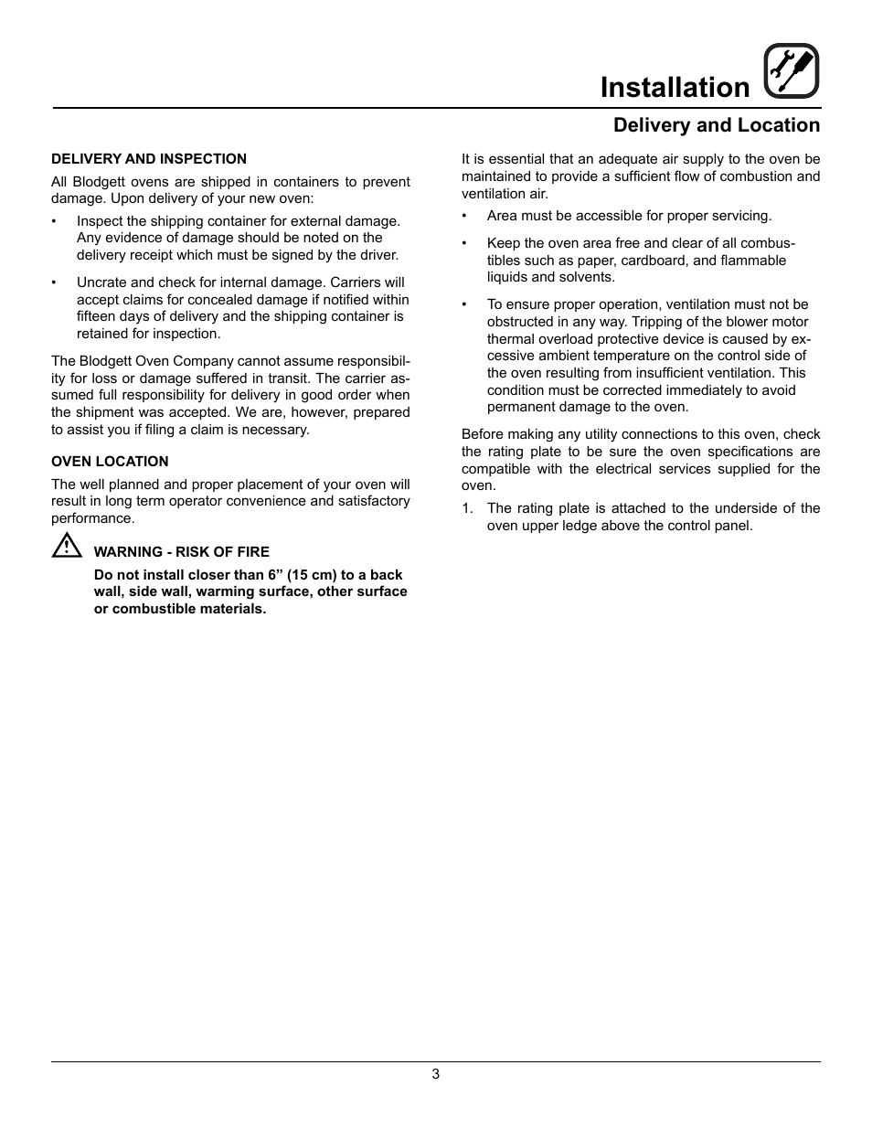 Installation, Delivery and location | Blodgett CTBR-GFB User Manual | Page 5 / 16