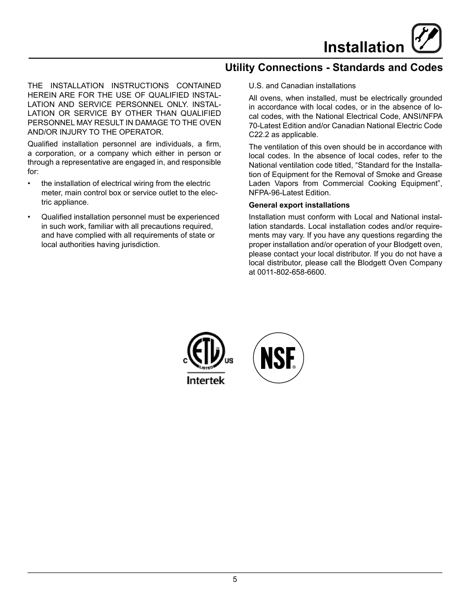 Installation, Utility connections - standards and codes | Blodgett CTBR-GFB User Manual | Page 7 / 16