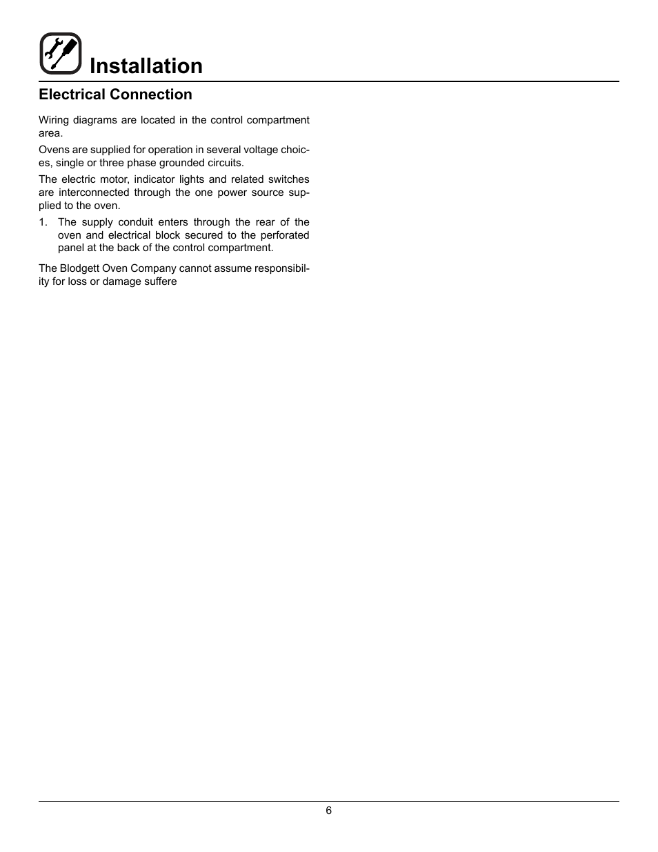 Installation, Electrical connection | Blodgett CTBR-GFB User Manual | Page 8 / 16