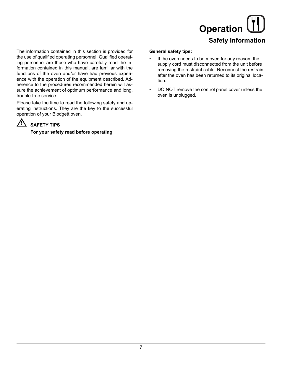 Operation, Safety information | Blodgett CTBR-GFB User Manual | Page 9 / 16