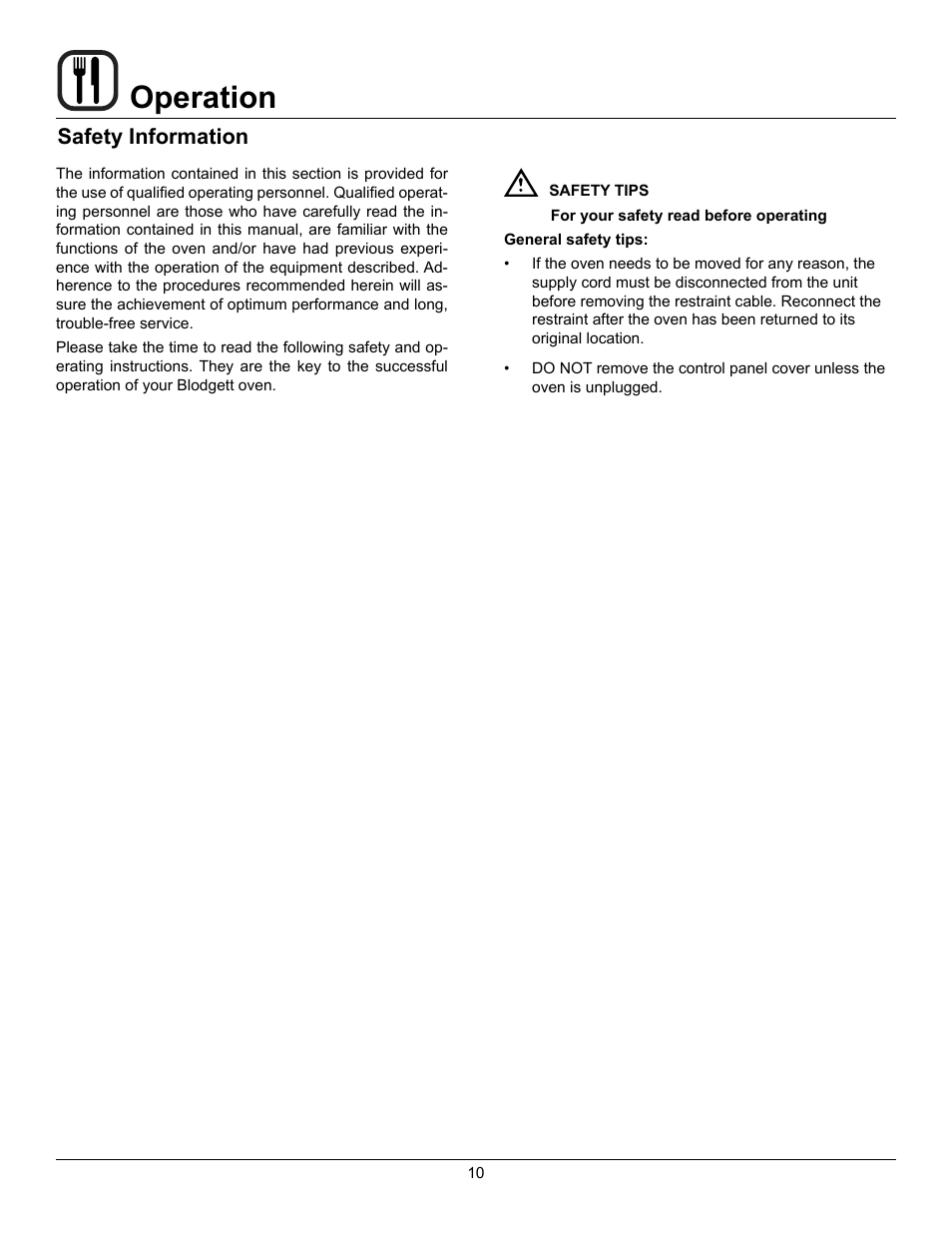 Operation, Safety information | Blodgett Mark V-100 XCEL User Manual | Page 12 / 49
