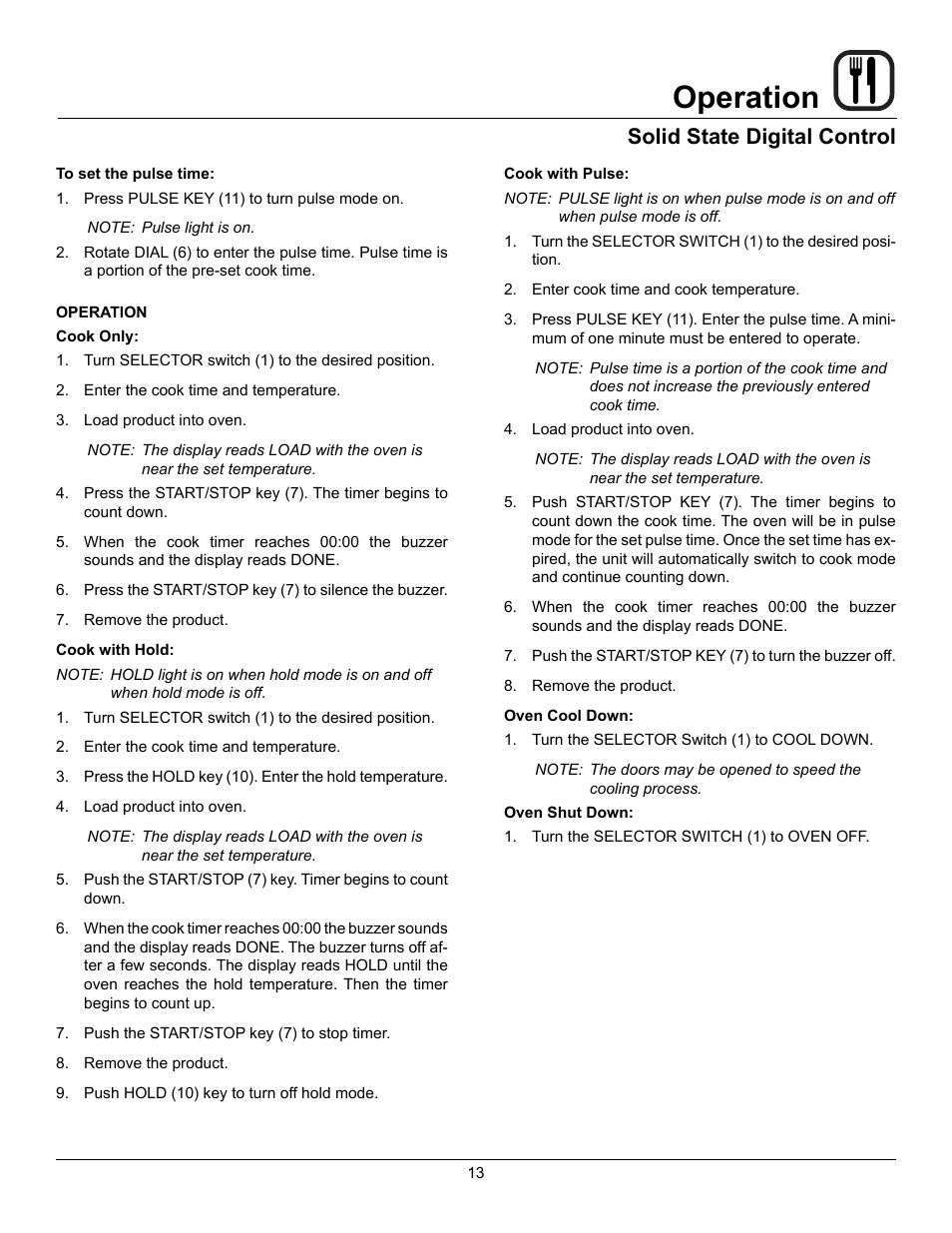 Operation, Solid state digital control | Blodgett Mark V-100 XCEL User Manual | Page 15 / 49