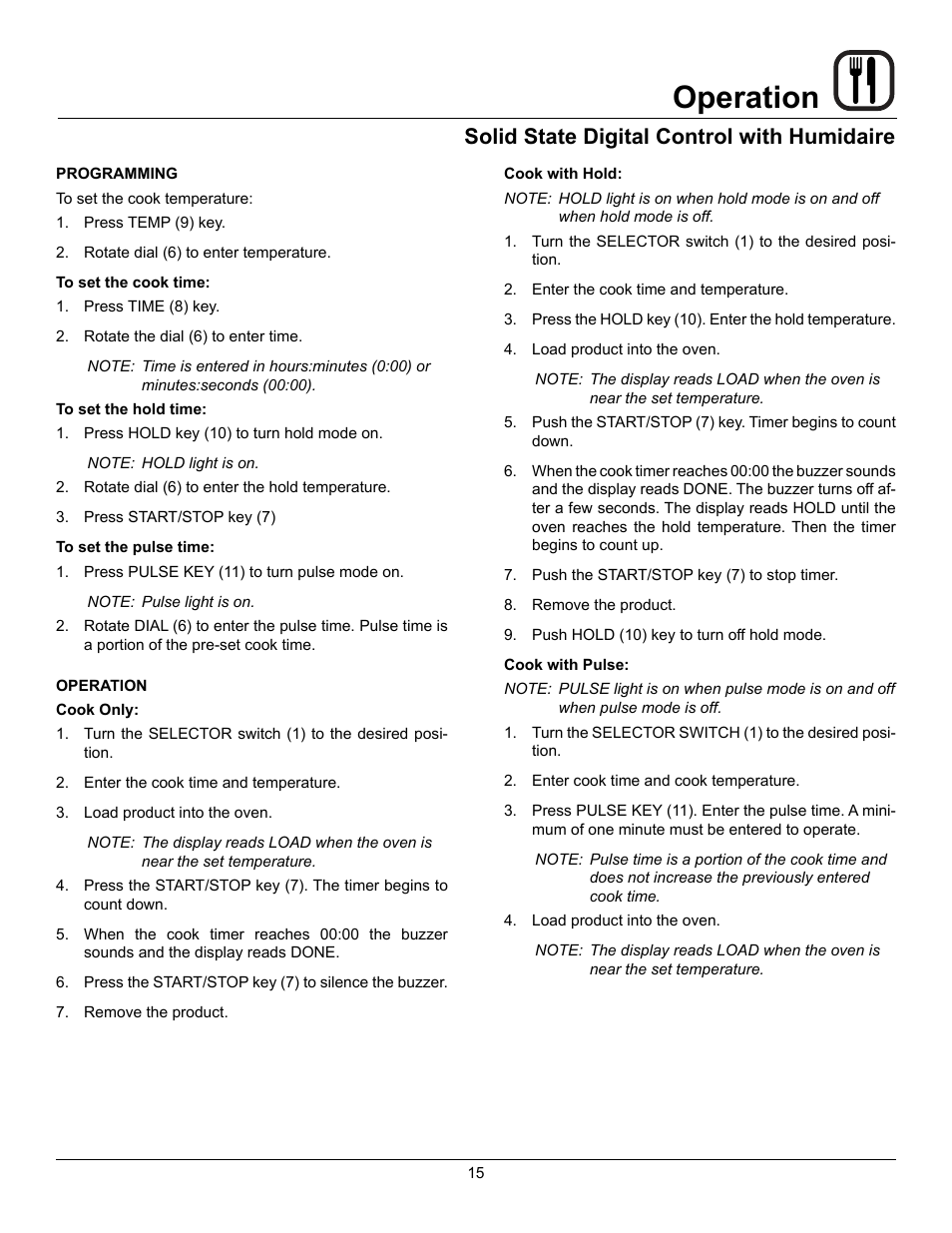 Operation, Solid state digital control with humidaire | Blodgett Mark V-100 XCEL User Manual | Page 17 / 49