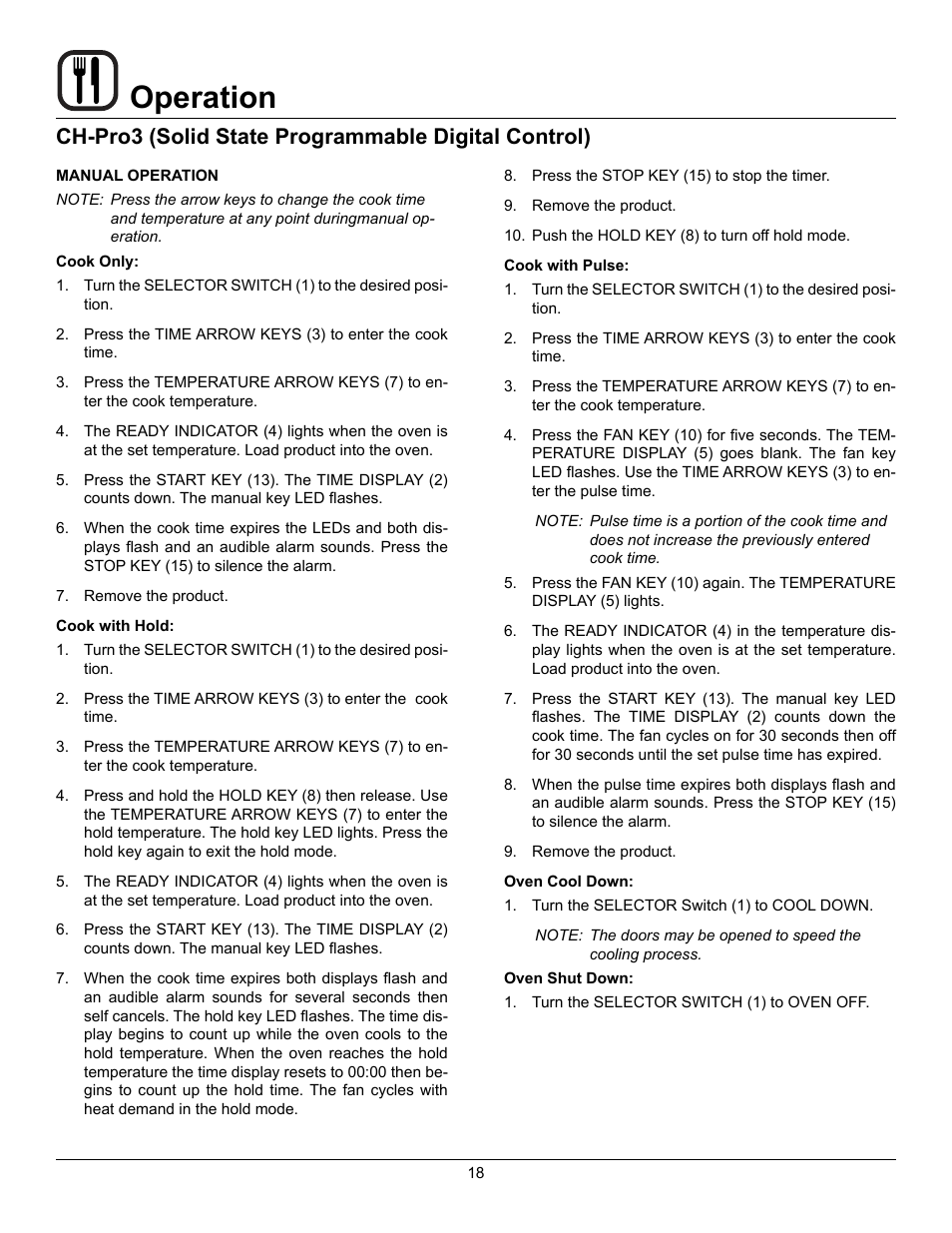 Operation, Ch-pro3 (solid state programmable digital control) | Blodgett Mark V-100 XCEL User Manual | Page 20 / 49