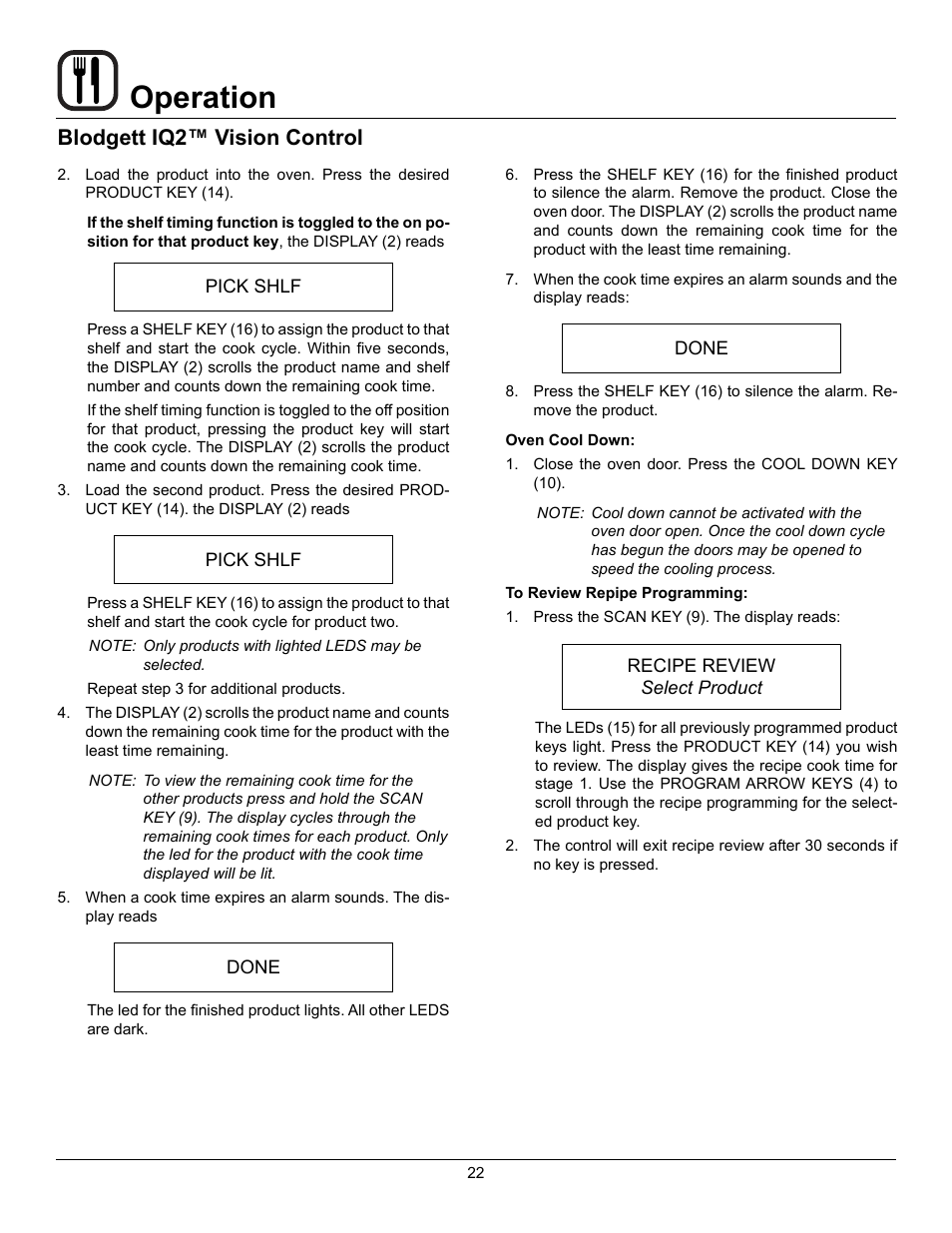 Operation, Blodgett iq2™ vision control | Blodgett Mark V-100 XCEL User Manual | Page 24 / 49