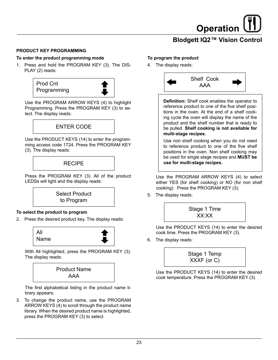 Operation, Blodgett iq2™ vision control | Blodgett Mark V-100 XCEL User Manual | Page 25 / 49