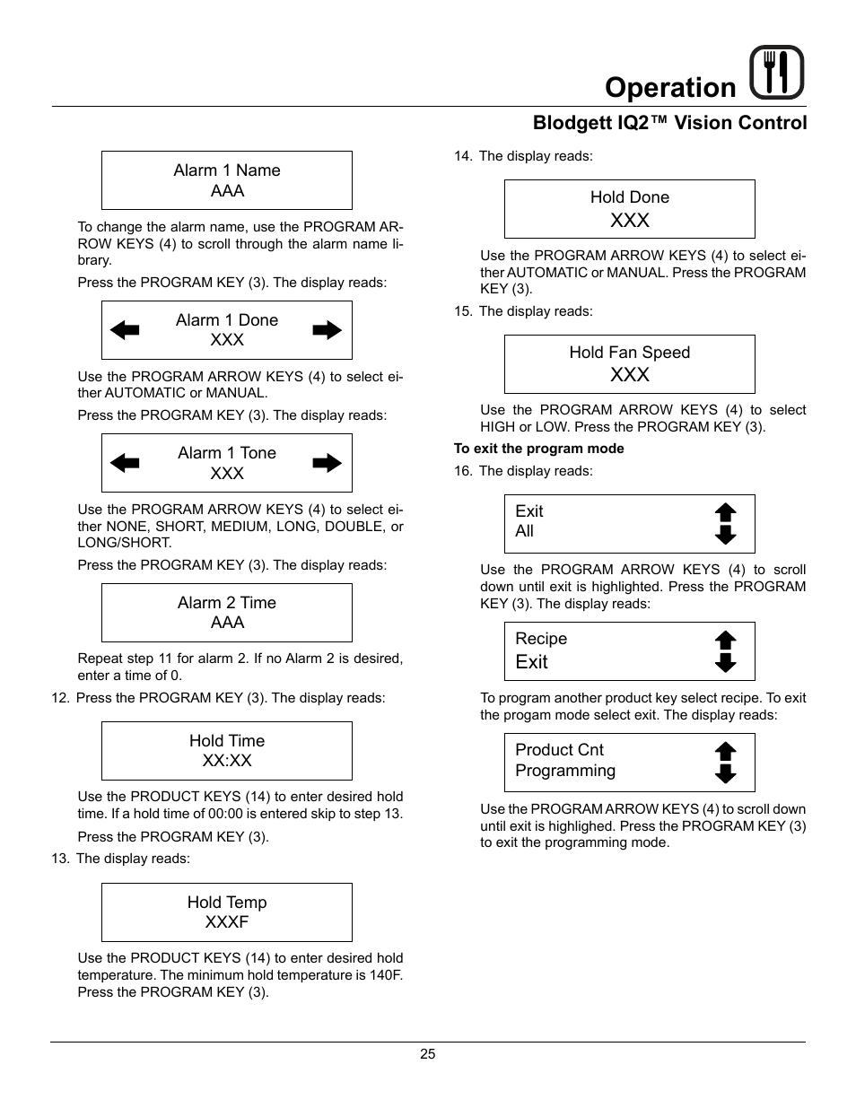 Operation, Blodgett iq2™ vision control, Exit | Blodgett Mark V-100 XCEL User Manual | Page 27 / 49