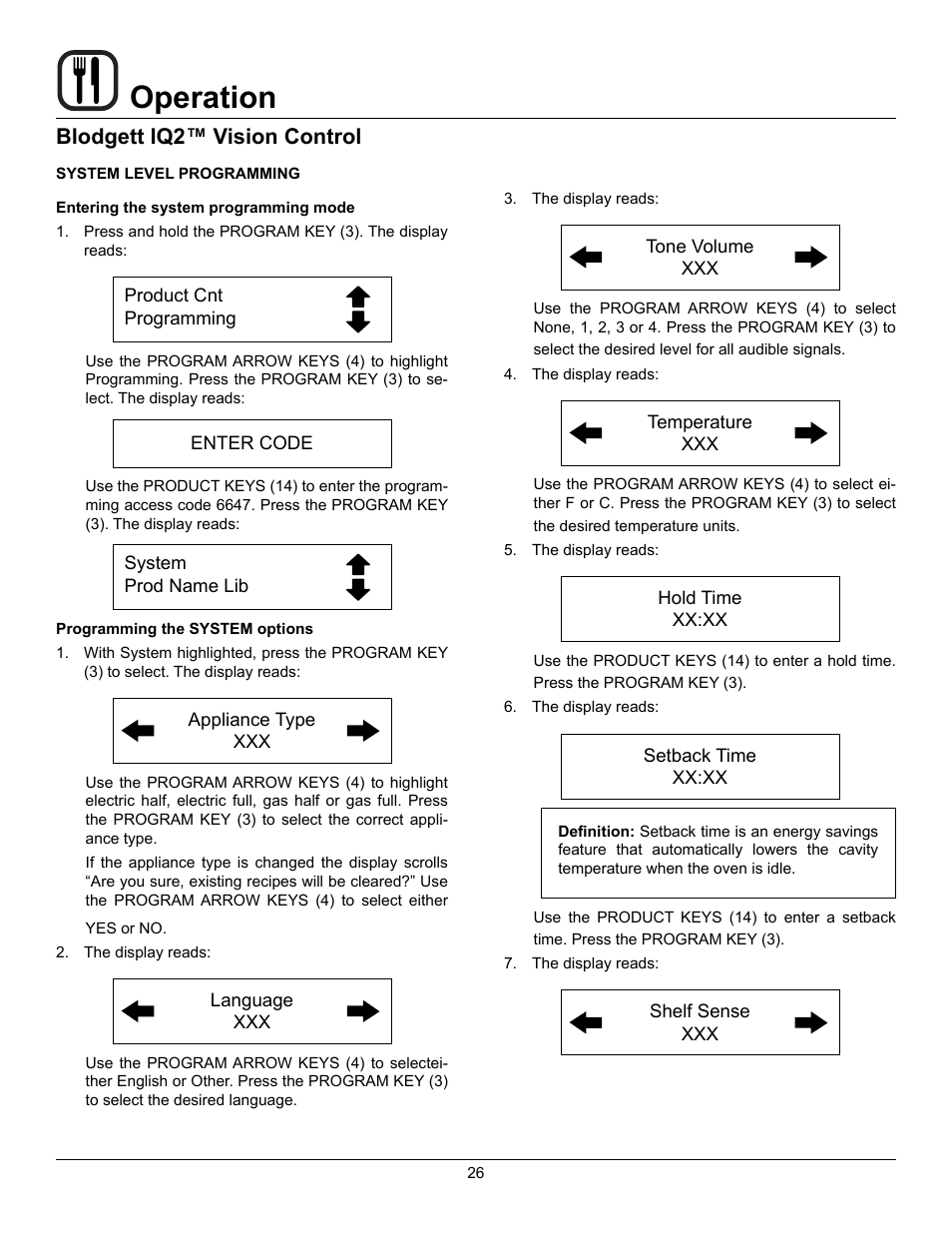 Operation, Blodgett iq2™ vision control | Blodgett Mark V-100 XCEL User Manual | Page 28 / 49