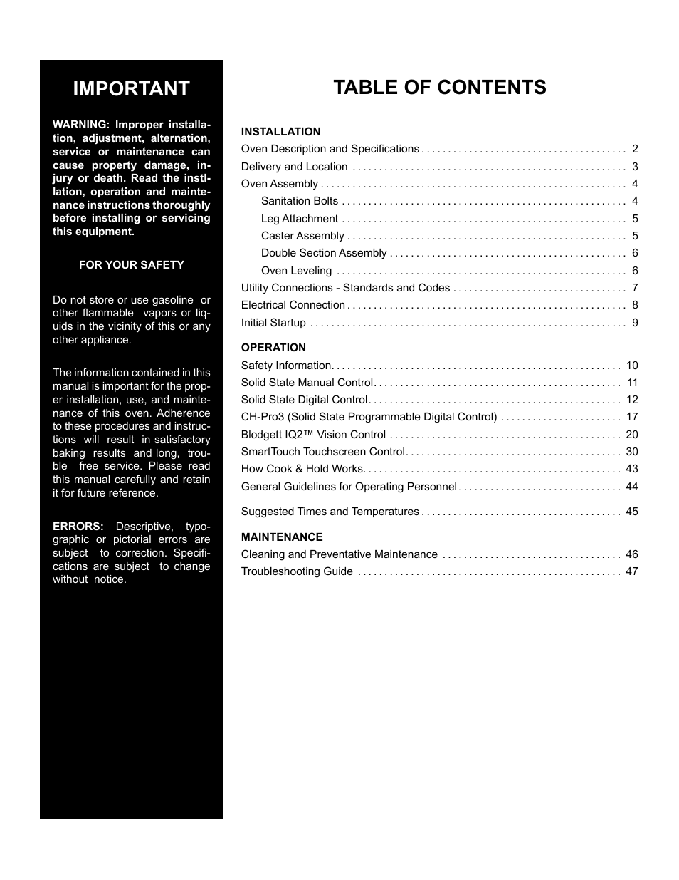 Blodgett Mark V-100 XCEL User Manual | Page 3 / 49