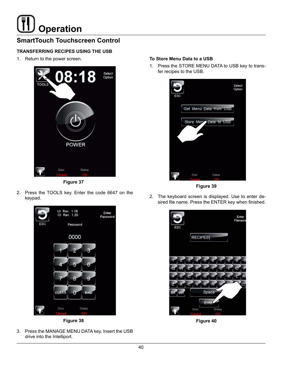 Operation, Smarttouch touchscreen control | Blodgett Mark V-100 XCEL User Manual | Page 42 / 49